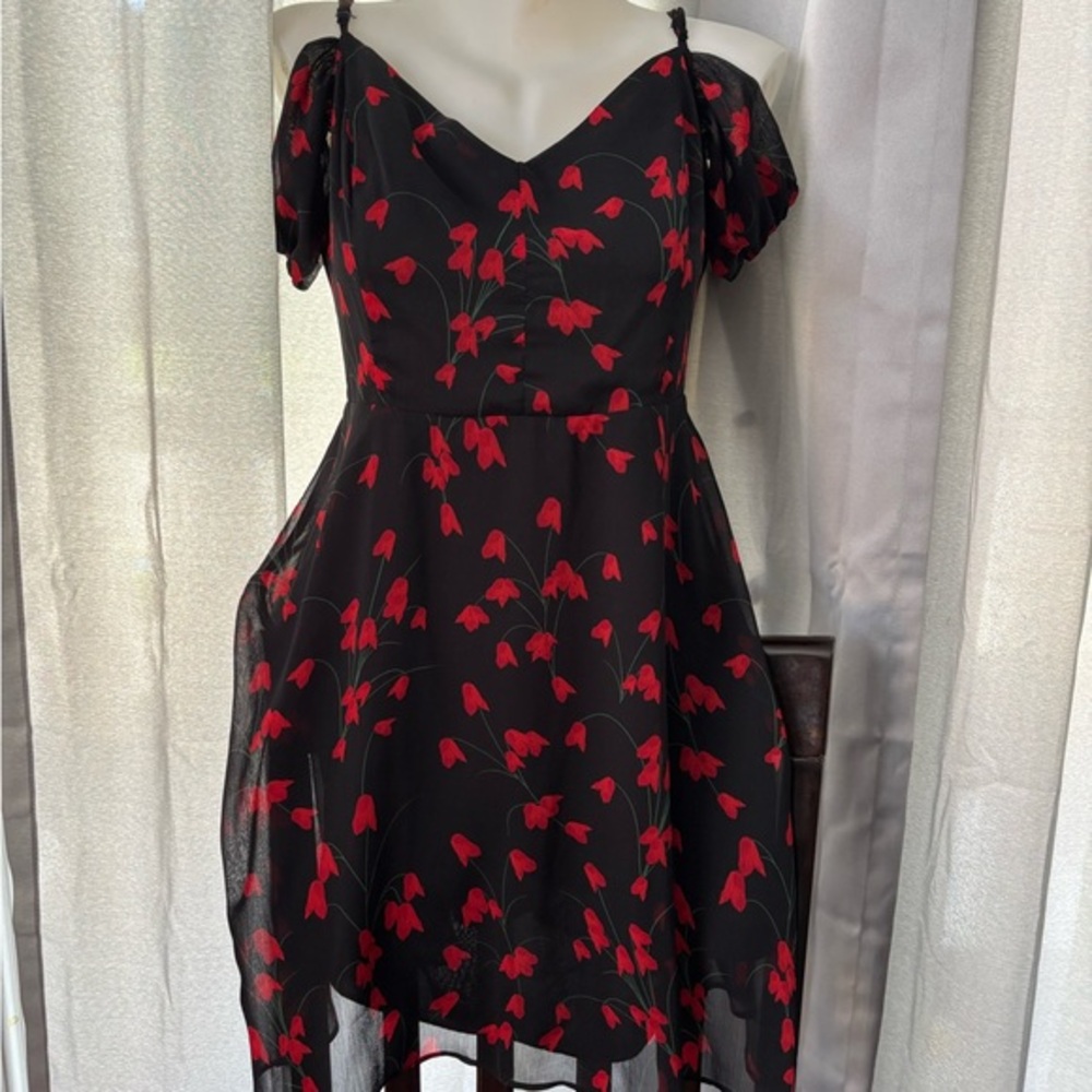 Dynamite Red and Black Fit and Flare Dress with Puff Sleeves